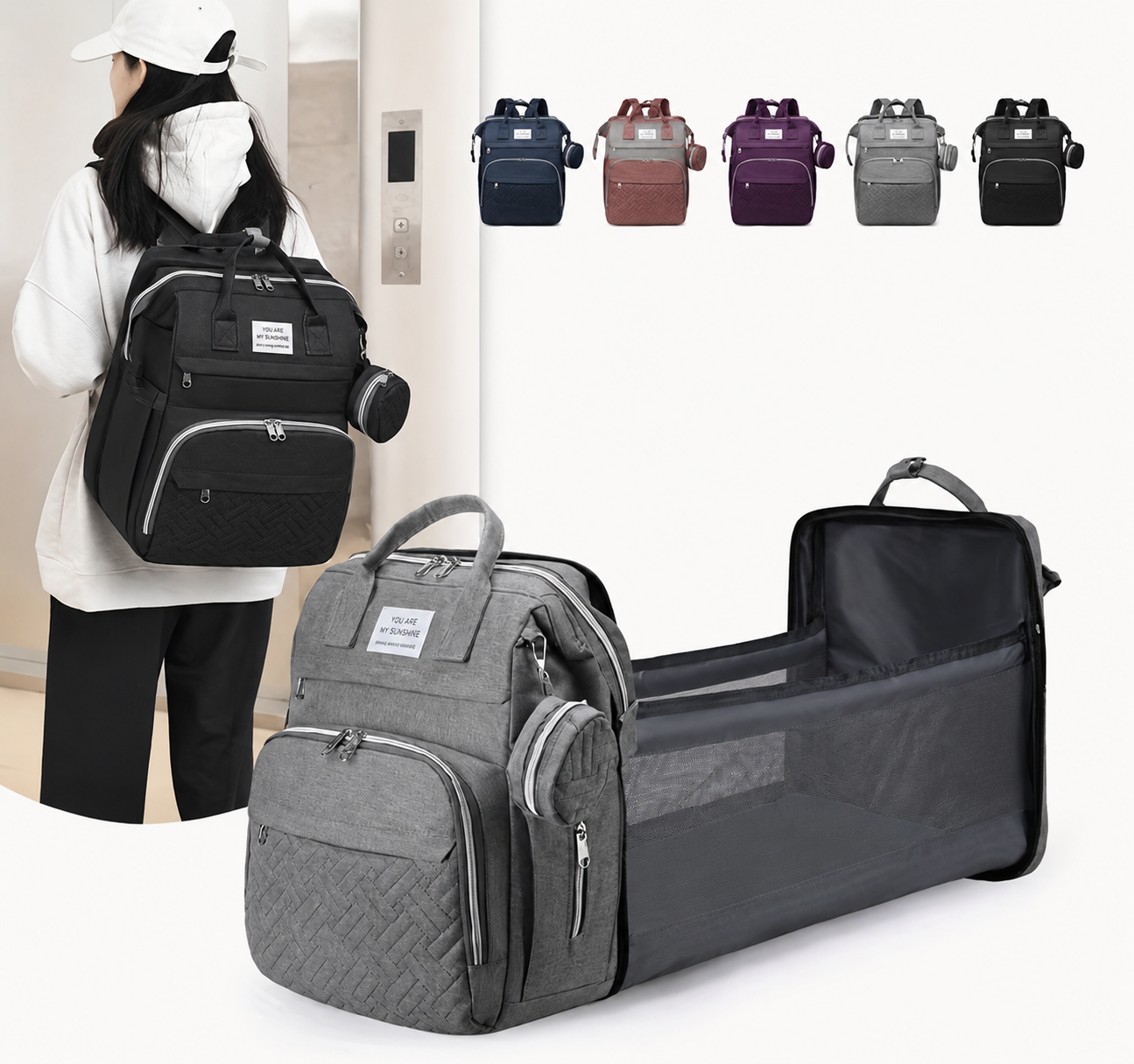Foldable Diaper Backpack with Convertible Travel Bed